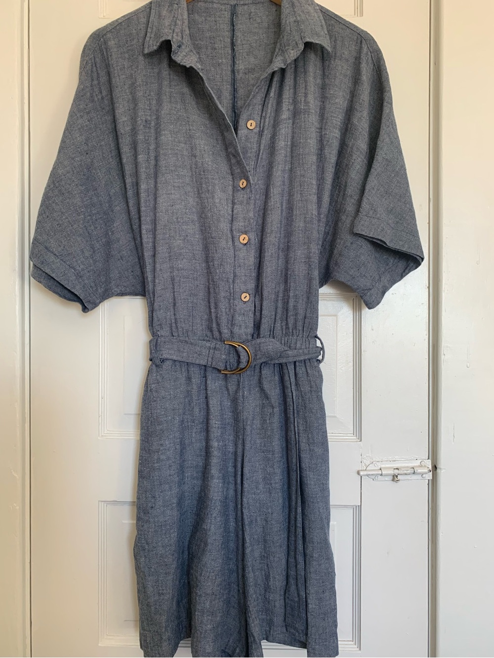Denim Blue Short-Sleeve Belted Jumpsuit Cotton/Linen size M
